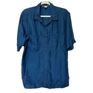 VTG New York Studio 100% Silk Shirt Mens Medium Short Sleeve Button Up Blue